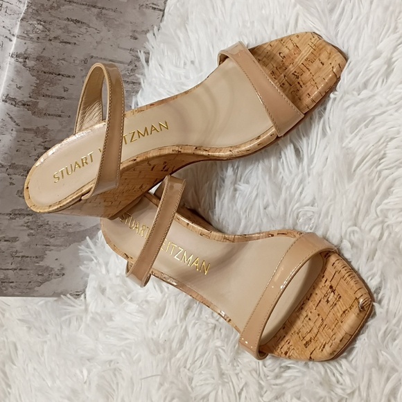 New Stuart Weitzman Aleena Nude Cork Wedge Square Toe Side Slip On Sandals 8B - Picture 8 of 16
